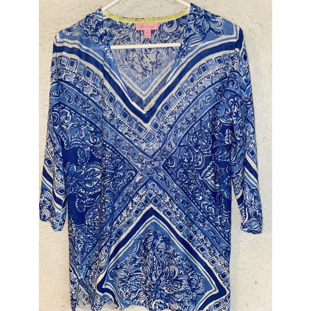 Lilly Pulitzer Top Blue Crush Jameson Dolman Tunic Blouse Linen Womens XS/S
